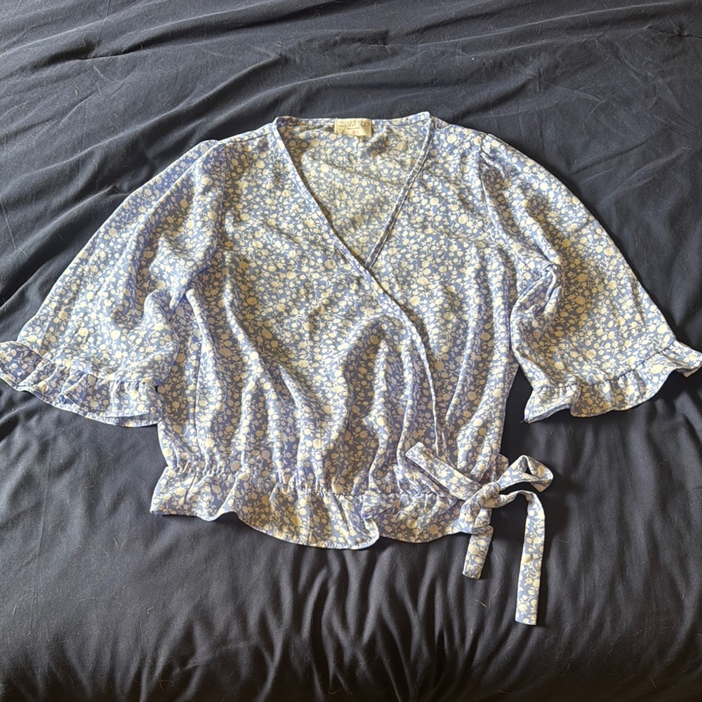Sienna Sky Floral Wrap Blouse - Blue and White